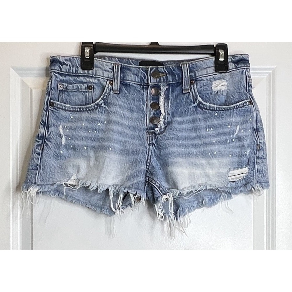 Lucky Brand Boy Mid Rise Denim Shorts 6/28 Paint Splatter Raw Cutoff Button Fly